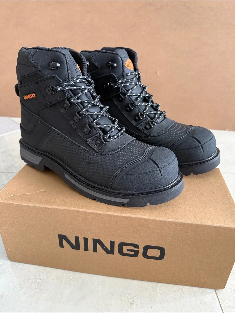 NINGO Steel Toe Men's Black Safety Oil & Water Resistant Work Boots 11 NEW!